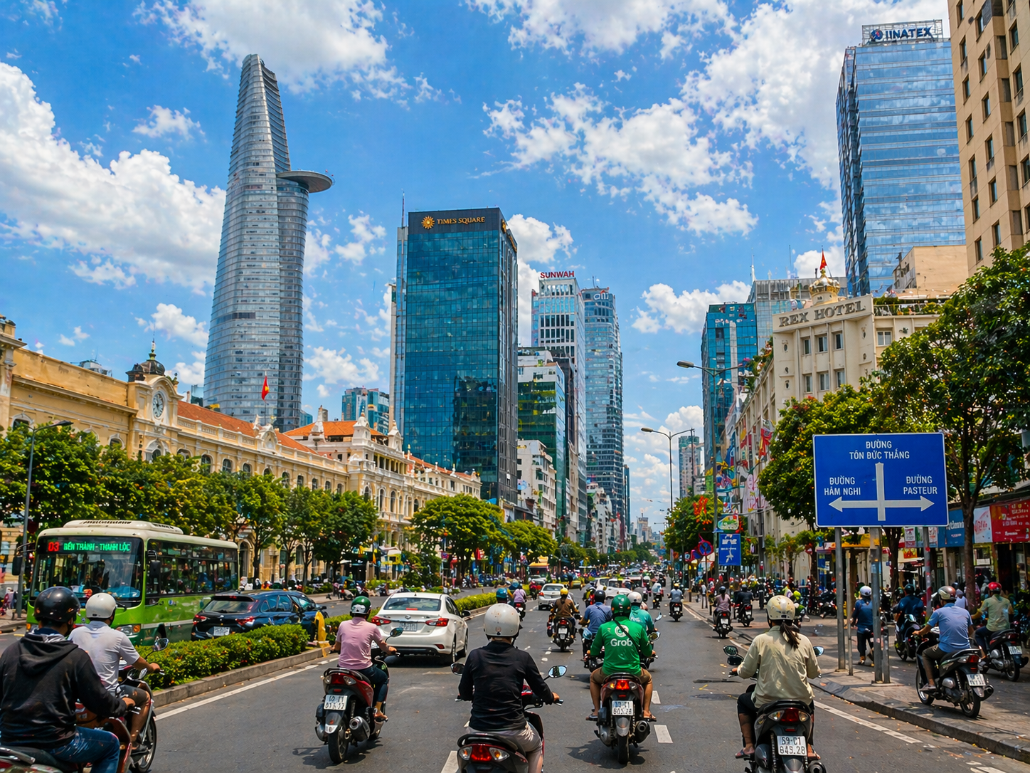 Saigon city streets with modern skyline and local life